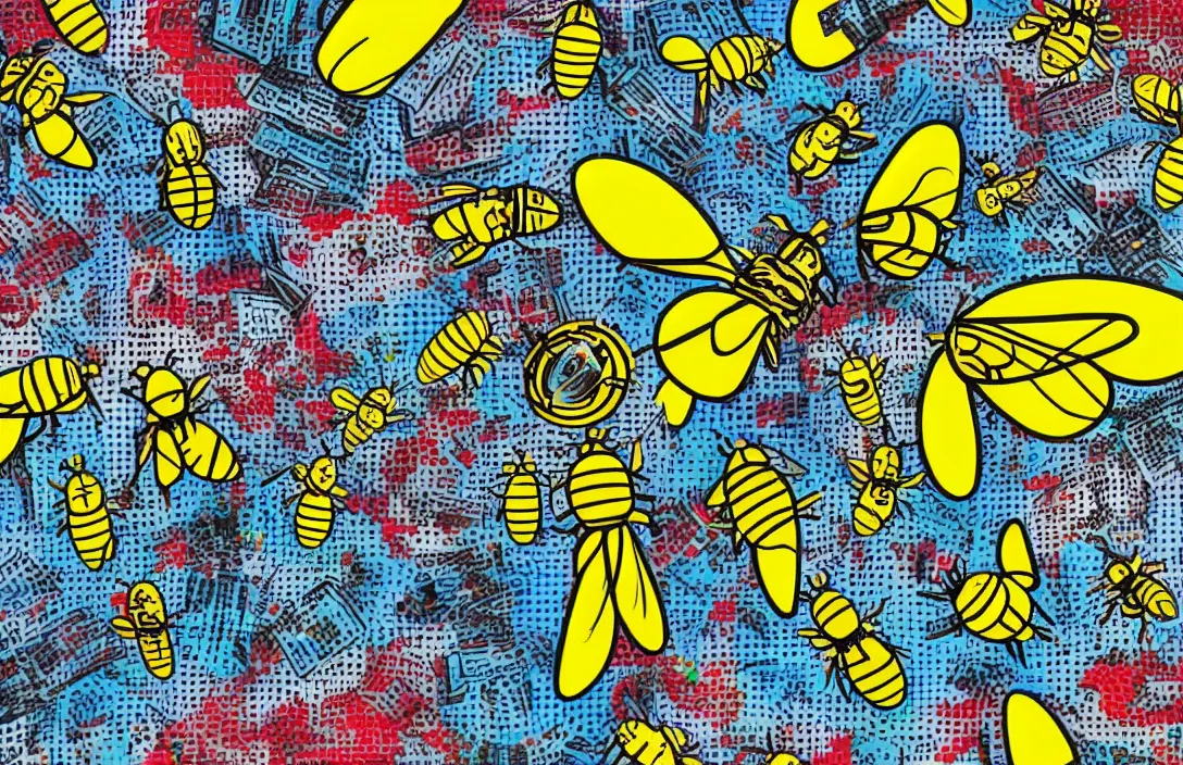 Prompt: pop art collage of mechanical bees, style of Andy Warhol