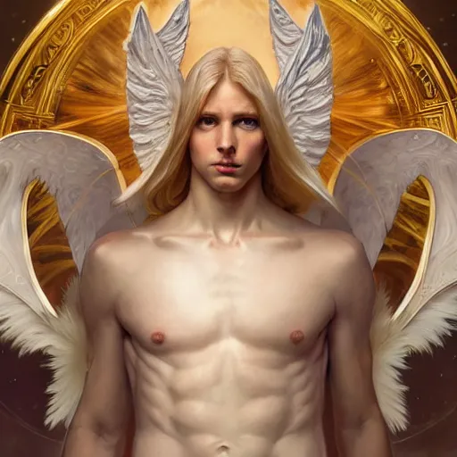 Image similar to the pale blond male angel of battle lucius wearing a white periwinkle, sci fi, glowing eyes, volumetric lights, gold theme, art nouveau botanicals, intricate, highly detailed, digital painting, artstation, concept art, smooth, sharp focus, cinematic, illustration, beautiful face, art by artgerm and greg rutkowski and alphonse mucha