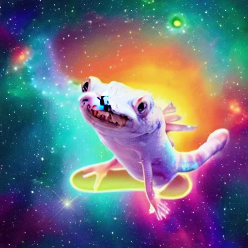 Image similar to an axolotl riding nyan cat through space, nebula, colorful