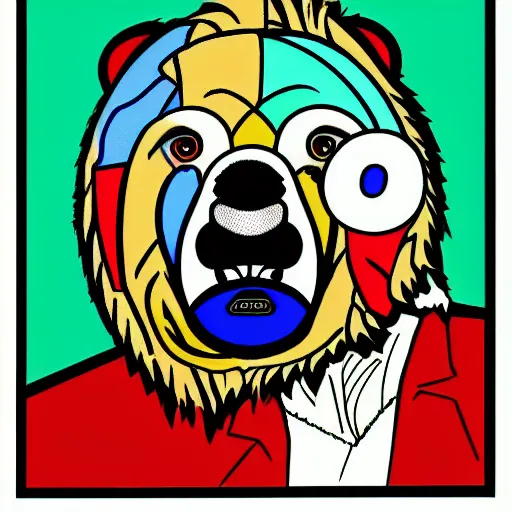 Prompt: pop art headshot of a grizzly bear smoking a joint.