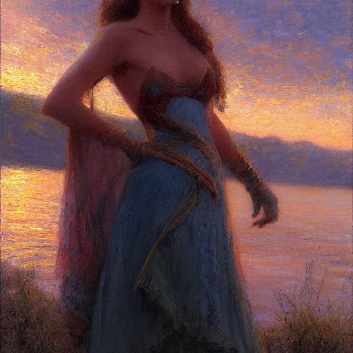 Image similar to elegant woman by the river, sunset, detailed face, correct face, painting by Gaston Bussiere, Craig Mullins