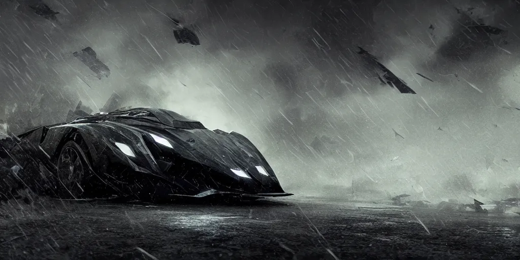 Prompt: the batmobile caught in the flow of time. octane render. 8 k. dark. atmospheric. cinematic. spectacular. sense of awe. debris. mist. strong winds. slowmotion. matte painting painted by sparth and craig mullins