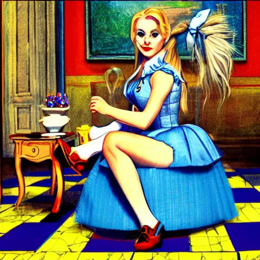 Prompt: alice in the wonderland, sitting, checkered floor, chair, blue dress, blonde by cheval michael