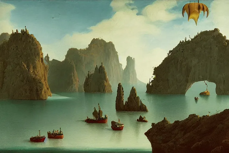 Prompt: A bizarre island landscape in the style of Dr. Seuss, boats, painting by Raphael Lacoste