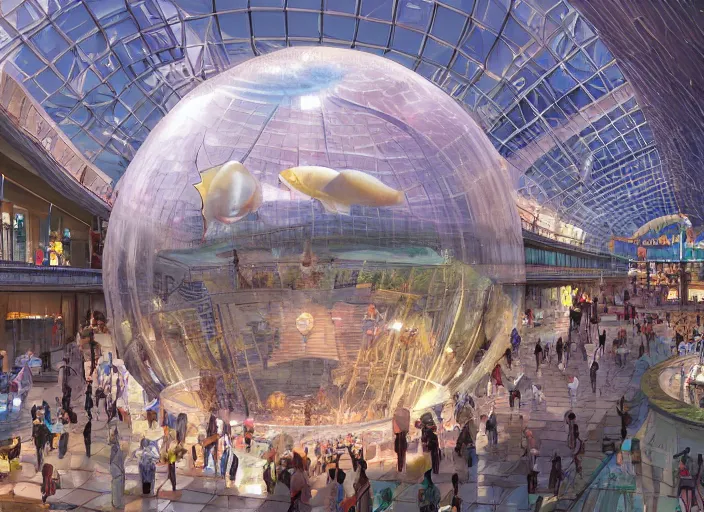 Prompt: A multi-level shopping mall in a bustling beautiful city on the sea floor in a glass dome, anime, fountain, statue, underwater, rapture, fish flying over head, godrays, a fantasy digital painting by Makoto Shinkai, trending on Artstation, highly detailed