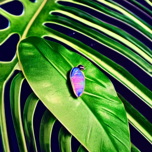 Image similar to an iridiscent scarab on top of a monstera leaf, close-up, 35mm, f1.8, realistic