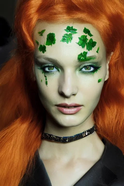 Image similar to A beautiful portrait of Daria Strokous smiling as Poison Ivy from Batman as a Versace fashion model Spring/Summer 2010, highly detailed, in the style of cinematic, Getty images, Milan fashion week backstage, Extreme close up, Makeup by Pat McGrath, Hair by Guido Palau, Greg rutkowski