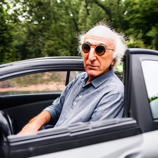 Prompt: larry david driving a toy car, canon eos r 3, f / 1. 4, iso 2 0 0, 1 / 1 6 0 s, 8 k, raw, unedited, symmetrical balance, wide angle