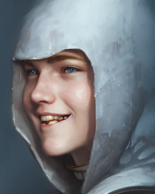 Image similar to Close-up portrait of smiling young nordic girl wearing hood, dark fantasy, portrait, highly detailed, digital painting, artstation, concept art, sharp focus, illustration, art by artgerm and greg rutkowski and alphonse mucha