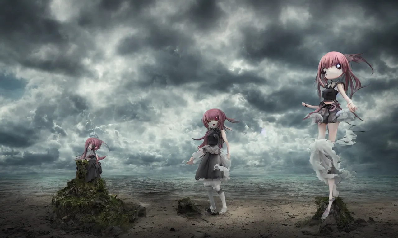 Image similar to cute fumo plush girl enigmatic gothic maiden anime girl on an abandoned island surrounded by the sea, marine beach seascape, storm clouds in the distance, vignette, vray