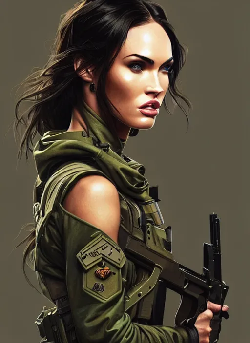 Prompt: portrait of megan fox as soldier, uniform, g 3 6, gun, camouflage, intricate, headshot, highly detailed, digital painting, artstation, concept art, sharp focus, cinematic lighting, illustration, art by artgerm and greg rutkowski, alphonse mucha, cgsociety