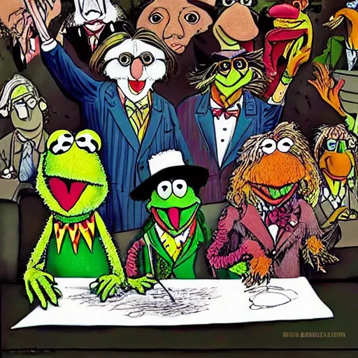 Image similar to the muppets drawn by ralph steadman fear and loathing in las vegas style