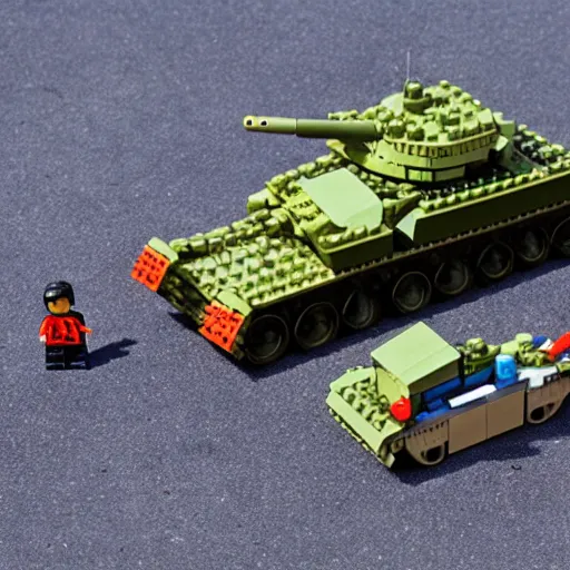 Prompt: Tank man at tiananmen square lego set