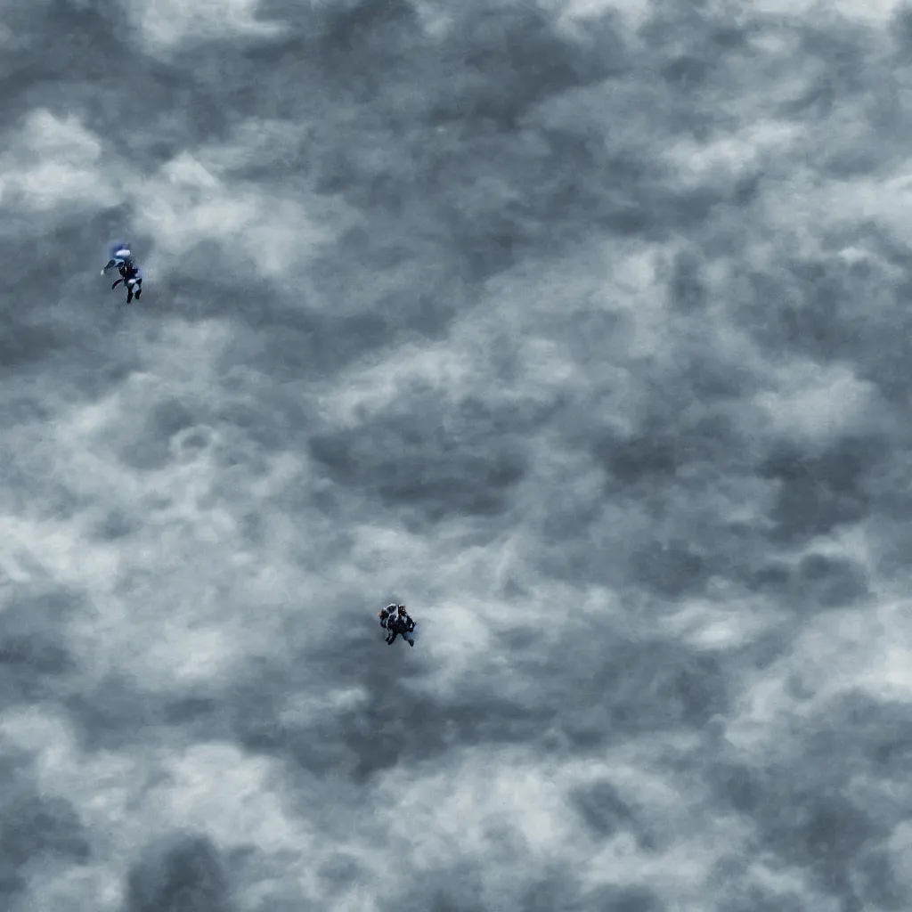 Image similar to a single scubadiver floating above the clouds, closeup, digital drawing