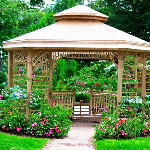 Image similar to a flower garden with a gazebo