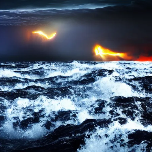 Prompt: dark storm clouds raining bright lava into the sea below, out at sea, huge swelling waves, 8k photorealistic, dramatic lighting, chiaroscuro