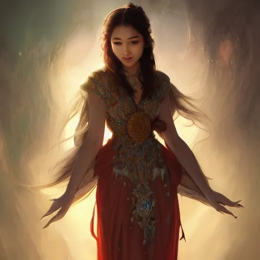 Image similar to full body portrait of asian beautiful girl, d & d, fantasy, intricate, elegant, highly detailed, digital painting, artstation, concept art, smooth, sharp focus, illustration, cinematic dramatic atmosphere, volumetric lighting, smooth, highly detailed, art by artgerm and greg rutkowski and alphonse mucha