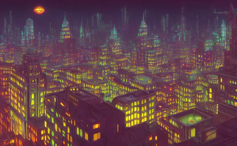 Image similar to Wide angle shot of a city with holographic fishes floating in the sky by James Gilleard, Mark Ryden, Wolfgang Lettl highly detailed, Dark cineamtic and atmospheric lighting