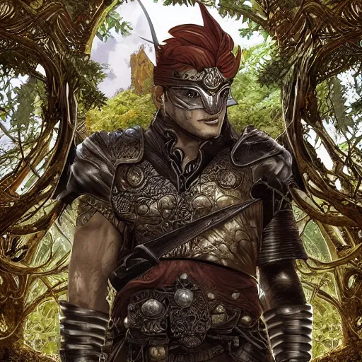 Image similar to An epic fantasy comic book style portrait of a fantasy male fox warrior in leather armor, temple ruins surrounded by lush meadow and big pines, intricate, elegant, highly detailed, digital painting, artstation, concept art, matte, sharp focus, illustration, art by Artgerm and Greg Rutkowski and Alphonse Mucha, golden ratio, volumetric black and white lighting, refractions, symmetry accurate anatomy features