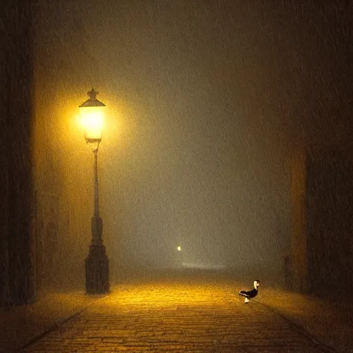 Image similar to lonely duck under a street light, foggy, beautiful lighting, high detail, by august friedrich schenck