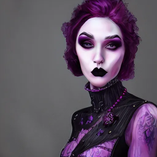 Prompt: a girl wearing gothic clothes, purple lipstick, highly detailed, digital painting, artstation, concept art, smooth, sharp focus, illustration