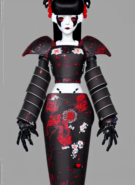 Image similar to full body portrait of a gothic style japanese robot geisha with kanji tattoos and decals wearing a digital pixelated kimono, intricate design, photo - realistic, octane render, dark colour palette, ultra fine detailed, character design, trending on artstation