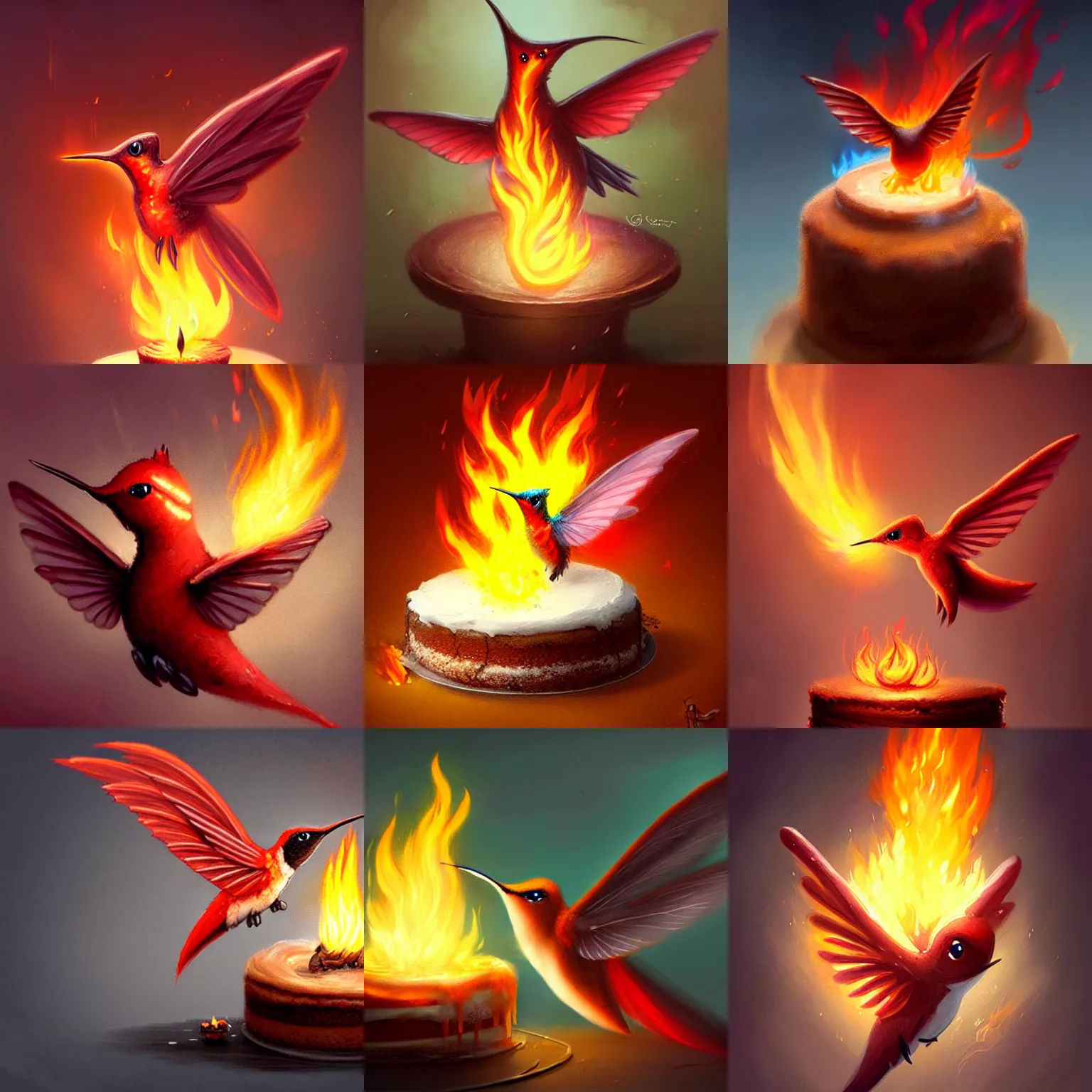 Prompt: a cute adorable small flaming fire elemental hummingbird baking a cake deviantart Greg rutkowski