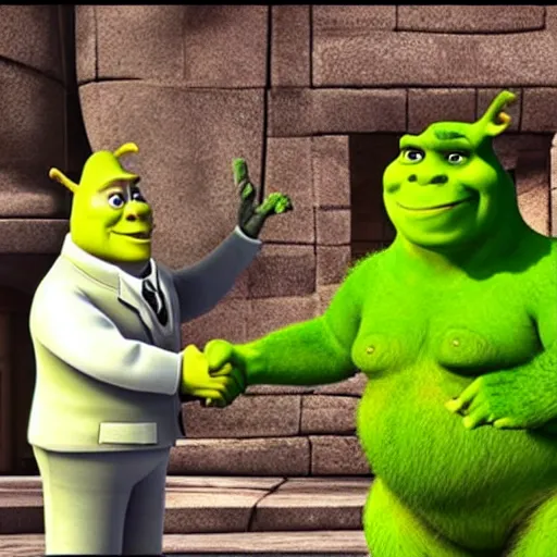 Image similar to movie frame screen shot, adolf hitler shaking hands with shrek, from shrek 2 ( 2 0 0 4 ), hd