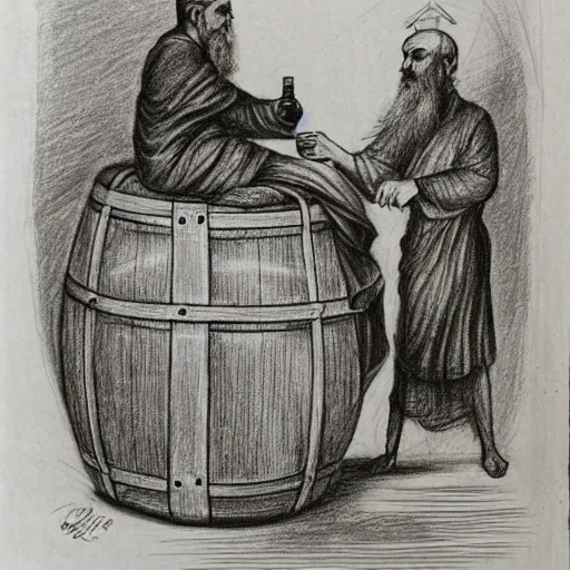 Prompt: pencil sketch of a Greek Orthodox monk drinking mead from a barrel