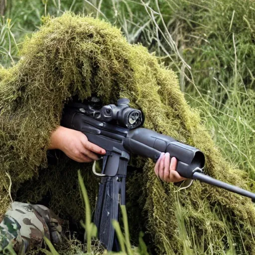 Image similar to a sniper in a ghillie suit in the bushes