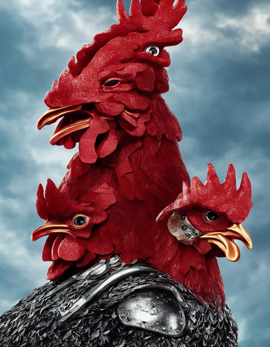 Prompt: rooster with shiny armor, hyper-realistic, 4k, movie poster, fantasy