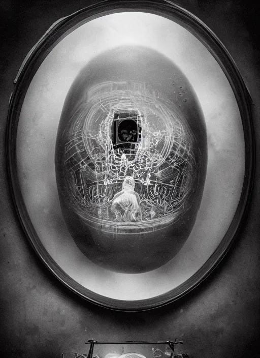 Prompt: old wetplate daguerreotype birth of artificial futuristic embryo cyborg life shot in the reflection of window, fractal, intricate, elegant, highly detailed, parallax, leica, medium format, subsurface scattering, by jheronimus bosch and greg rutkowski and louis jacques mande daguerre
