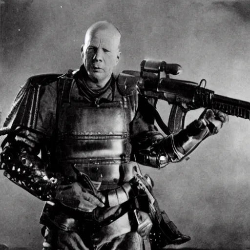 Prompt: old black and white photo, 1 9 1 3, depicting bruce willis in combat armor with guns, historical record, volumetric lights