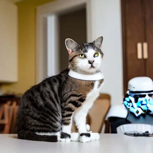 Image similar to a cat wearing a stormtrooper helmet while on the kitchen table, 40nm lens, shallow depth of field, split lighting, 4k,