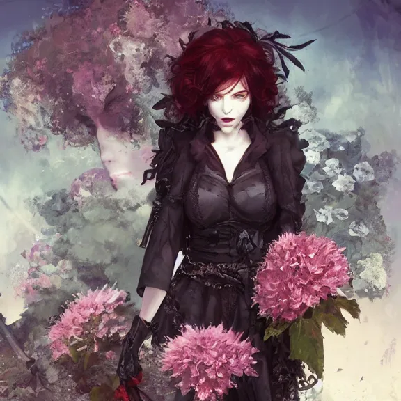 Image similar to goth christina hendricks with flowers in her hand, tankoban, 4 k, tone mapping, akihiko yoshida, james jean andrei riabovitchev marc simonetti, yoshitaka amano, long hair, curly, h. hydrochaeri