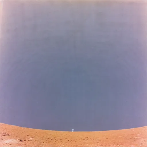 Image similar to a photo taken from inside circular Non-Euclidean clay building sitting in the desert, vintage photo, beautiful cinematography, blue sky, film grain, symmetrical, James Turrell