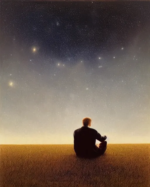 Image similar to man sitting in a huge field star filled night sky, by bo bartlett, wide angle, surreal