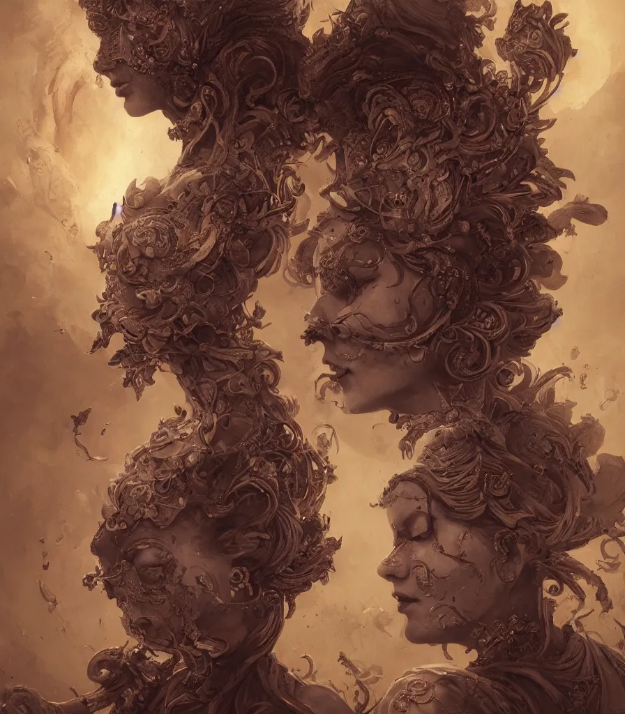 Prompt: woman portrait, head on face, foreground, volumetric, wearing a carved half mask with incrustations, astral godness vishnu, ethereal, elements, baroque, rococo, ink, tarot card enviromet, cinematics lights, detailed, intricate illustration, octane render, infinite background, golden ratio, fine art by peter mohrbacher & marc simonetti