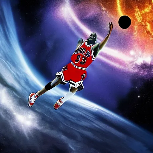 Prompt: Poster of Michael Jordan in space dunking into a black hole, highly detailed, realistic, view from the bottom, earth is in the background