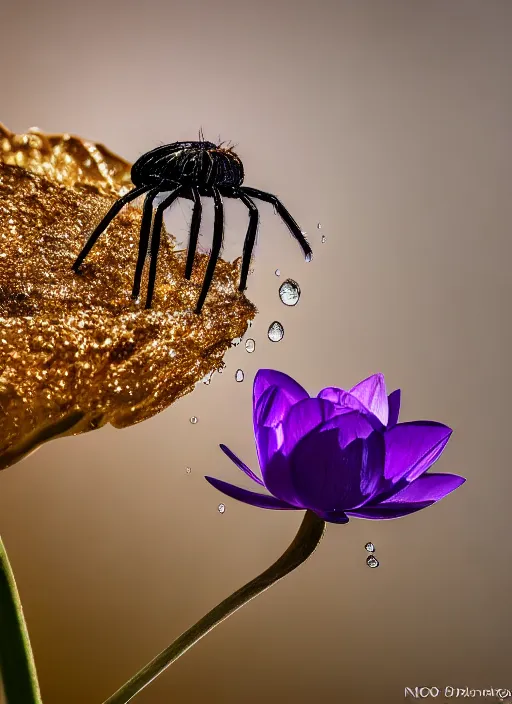 Image similar to beautiful macro photograph of a deep purple spider on a lotus flower, golden hour, golden ratio, nikon d 8 1 0, sigma 8 5 mm ƒ / 2. 5, award - winning, wet hdr refractions, insanely detailed, 8 k, * * * * *