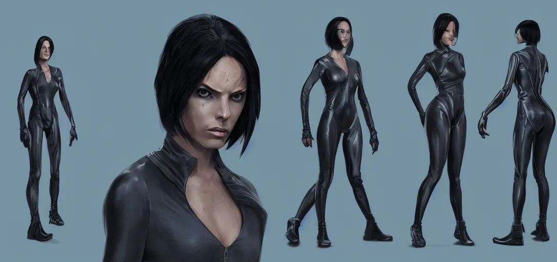 Image similar to character sheet concept art of aeon flux, realistic, hyper realistic, photographic, costume, by beeple, wlop, dan mumford, greg rutkowski, high detail, octane render, 8 k, intricate