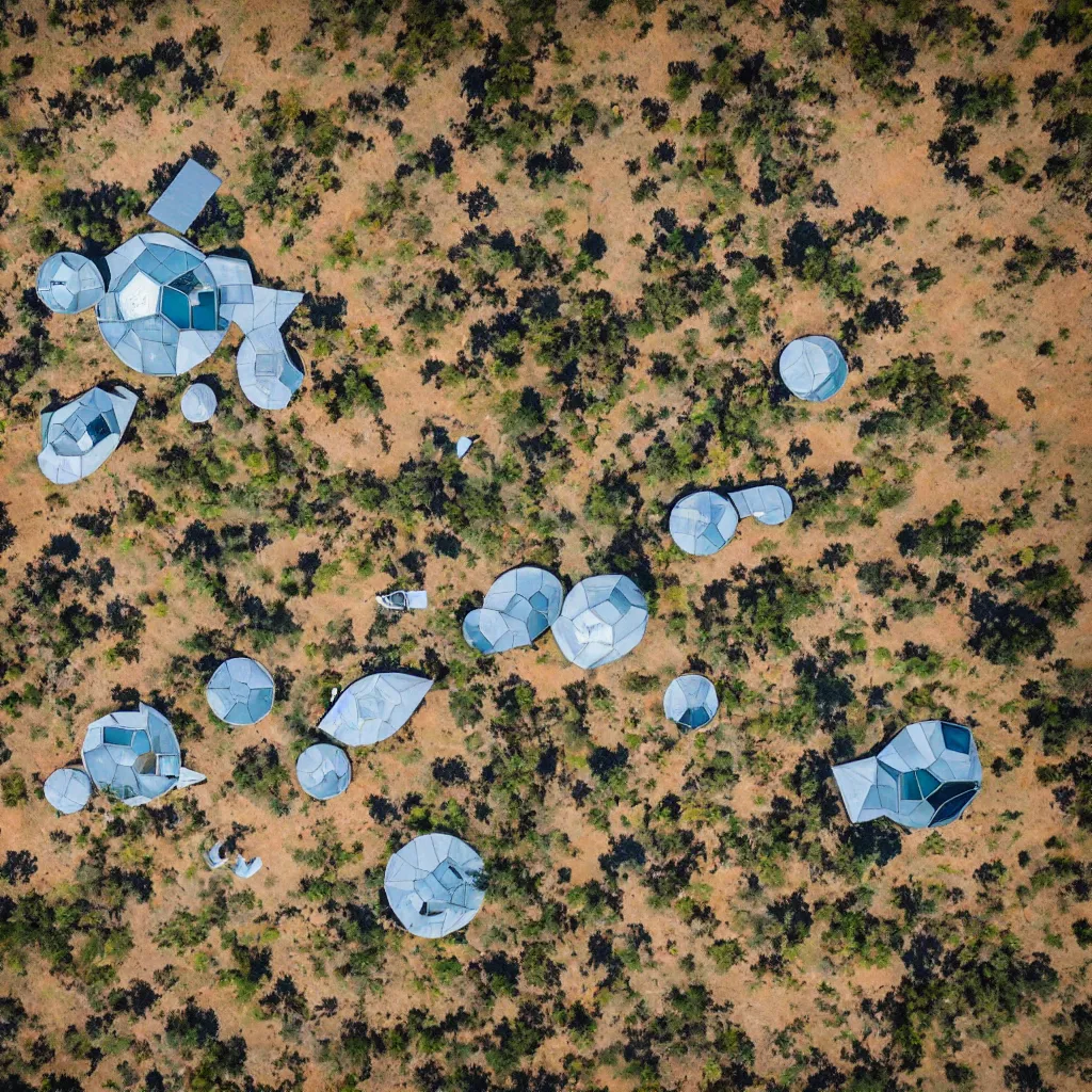 Prompt: aerial view of beautiful and artistic futuristic commune in the australian outback, parks, recreation, village, high technology, biomimetic, urban planning, XF IQ4, 150MP, 50mm, F1.4, ISO 200, 1/160s, natural light