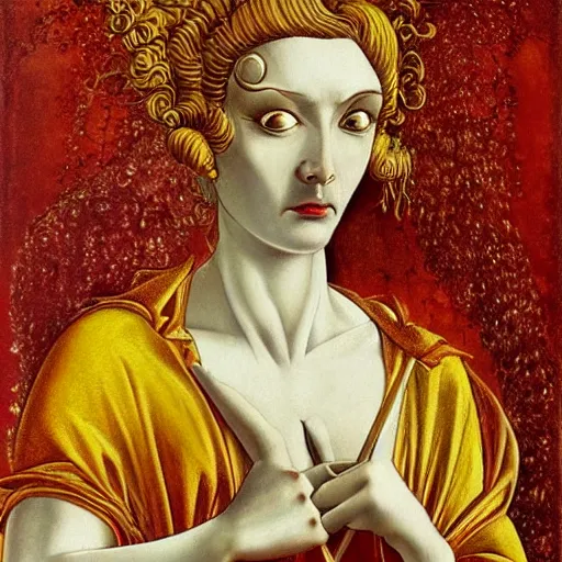 Prompt: A naraka female demon with the eyes glowing in gold and red, ultrarealistic painting by botticelli