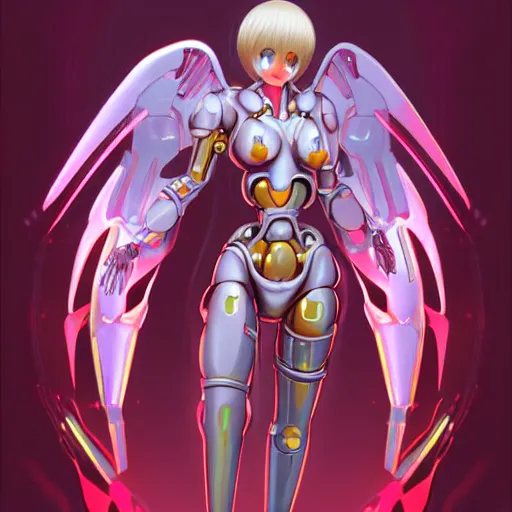 Image similar to concept art | robotic cybernetic god - system feminine angel in heavy syrup marauding through a futuristic peaceful path, artstation / pixiv!!!