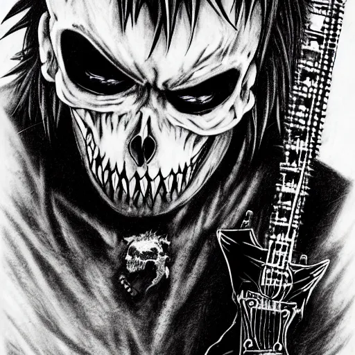 Image similar to a portrait of the grim reaper as a punk rocker playing an electric guitar, punk, skeleton face, mohawk, dark, fantasy, leather jackets, spiked collarsand wristbands, piercings, boots, ultrafine detailed pencil art on paper by frank frazetta and vito acconci and and takeshi obata, death note style, symetric body, sharp focus