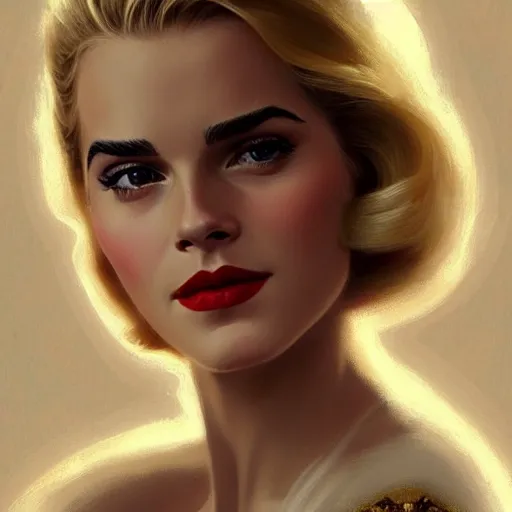 Prompt: A combination of Grace Kelly's and Emma Watson's faces with blonde hair and red lipstick, western, D&D, fantasy, intricate, elegant, highly detailed, digital painting, artstation, concept art, matte, sharp focus, illustration, art by Artgerm and Greg Rutkowski and Alphonse Mucha