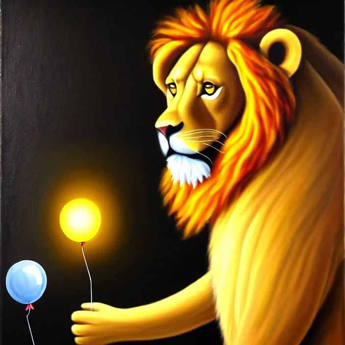 Image similar to a painting of an anthropomorphic male lion scientist researching balloon physics, oil on canvas, furry, soft lighting, sharp focus