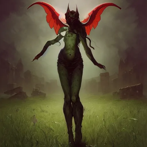 Image similar to An Evil Starbucks Siren, fullbody, intricate, demonic, video game art, highly detailed, artstation, green field with village ruins, concept art, smooth, sharp focus, illustration, art by greg rutkowski and orientalism and bouguereau and Zdzislaw Beksinski, good clear quality, lighting, biology, symmetrical artwork, perfect face, 135 mm, cinematic, hyper realism, high detail, octane render, 8k, chrome accents