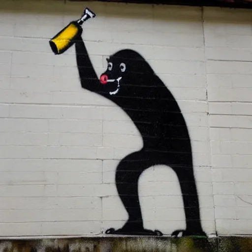 Image similar to Graffiti by Banksy of an ape in a suit drinking champagne