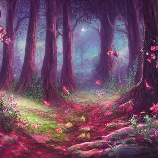 Image similar to A beautiful painting of a fantasy forest, digital art, lots of detail, 4k, ultra HD